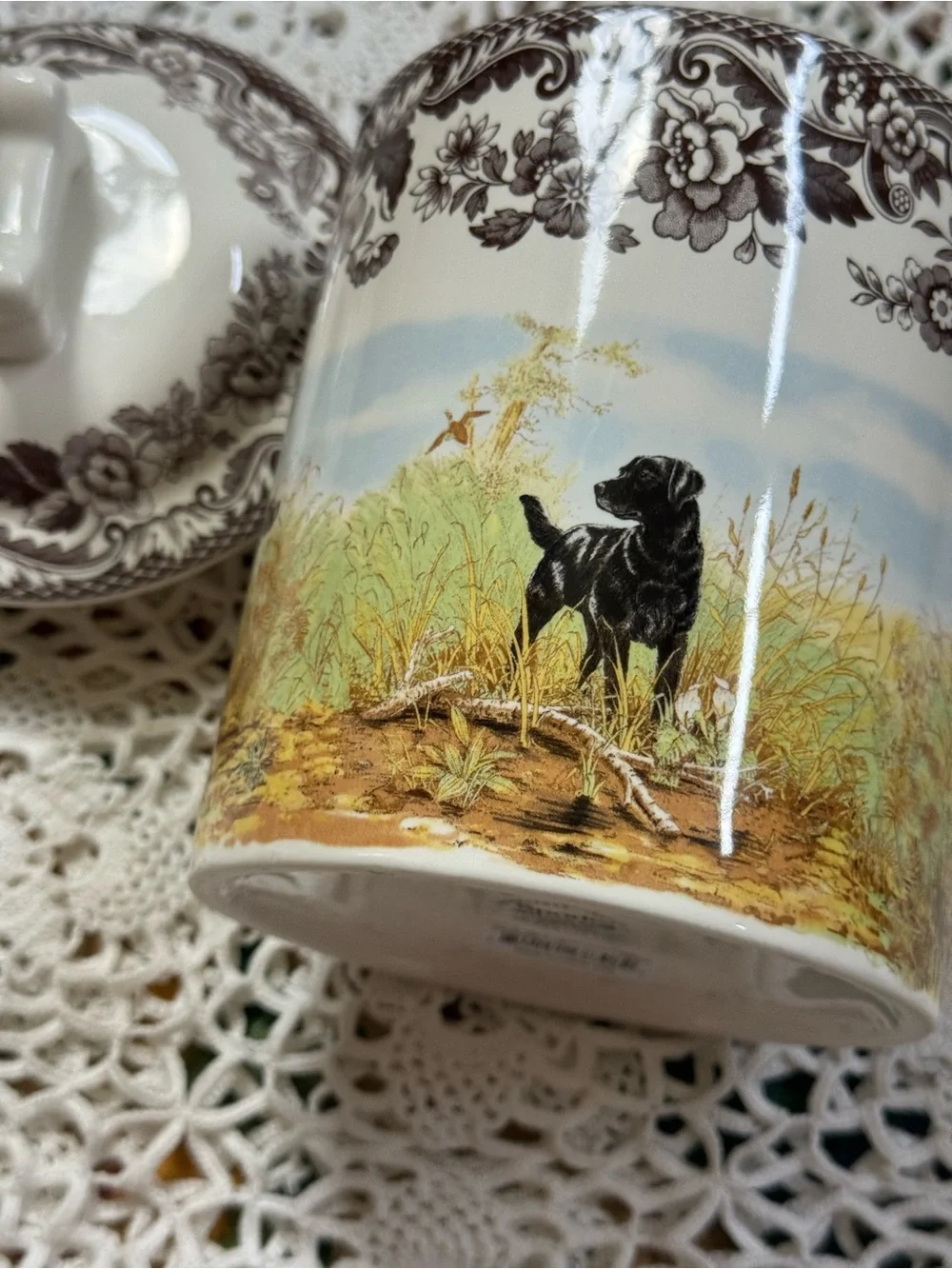 Spode Ceramic Canister with Brown Floral Border and Scenic Dog Motif